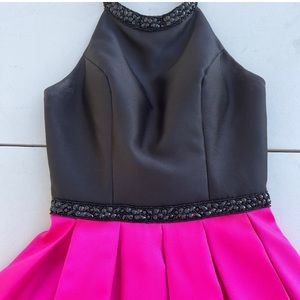 Colors Dress Black & Hot Pink Fit & Flare Party Dress Beaded Waist Tulle Lined